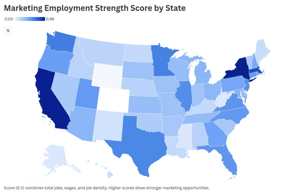 Map of the US showing marketing employment strength score by state